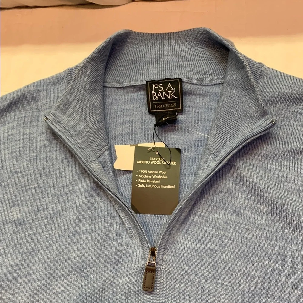 Luxury Jos A Bank Traveler Merino Wool 1/4-Zip Sweater Blue Tailored‎ Fit NWT
